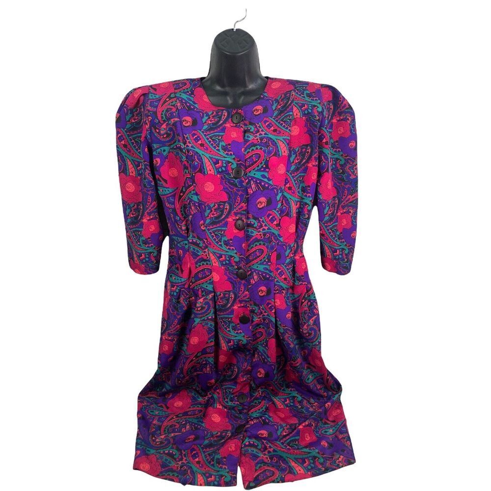 vtg 80's Our's multicolor purpuple pink button front shift dress sz 10 - Picture 7 of 7